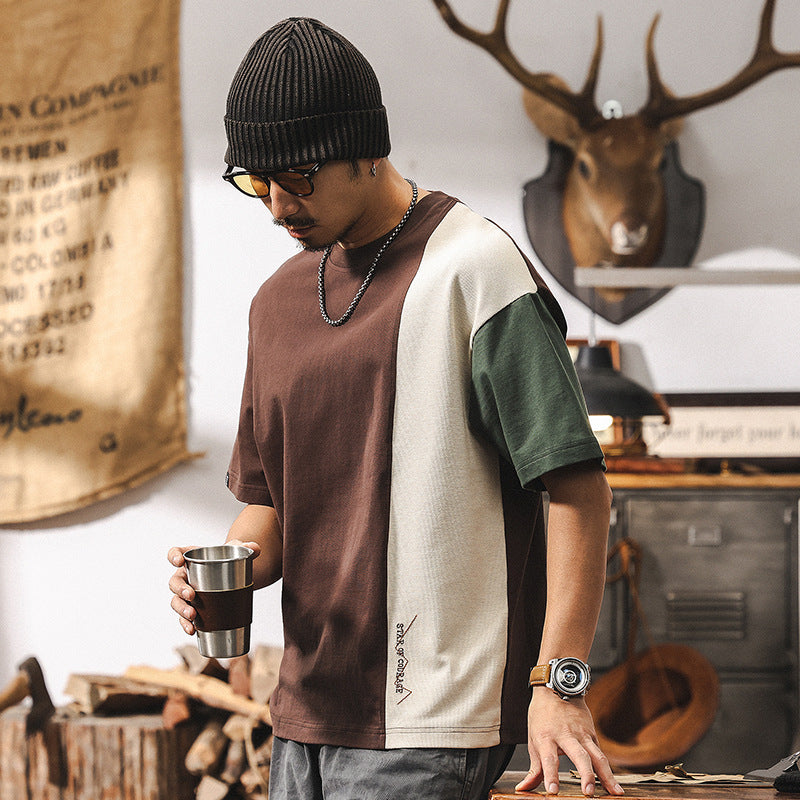 Men's American retro 2025 new trendy color-blocking short-sleeved men's summer loose men's top T