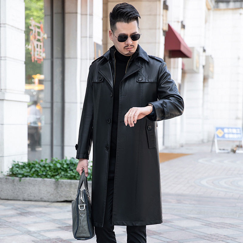 2024 Autumn and Winter Genuine Leather Jacket Men's High-end Long Over-Knee Sheepskin Coat Large Size Medium-Length Leather Windbreaker Plus Velvet