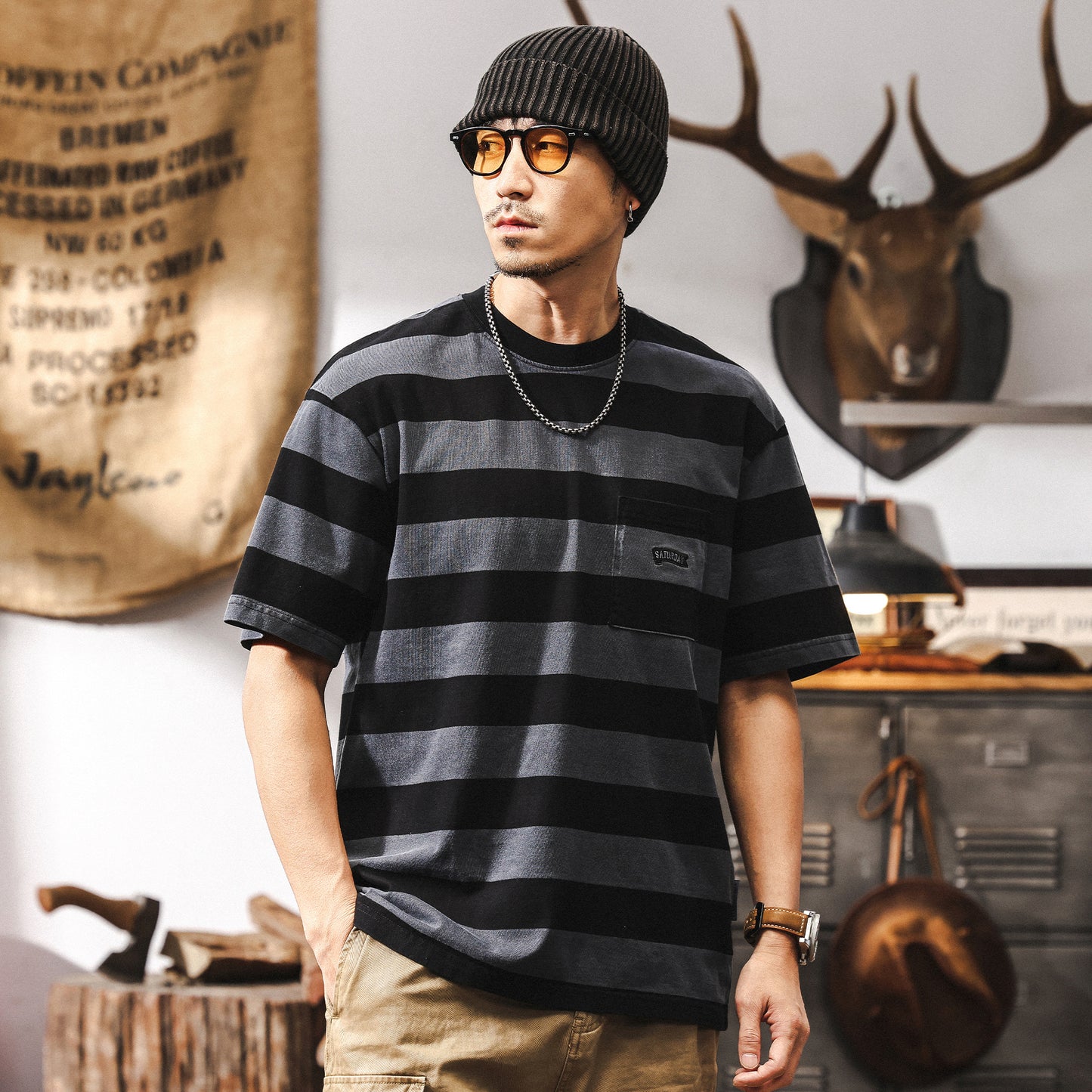 32-count double yarn distressed sand-washed striped short-sleeved men's T-shirt