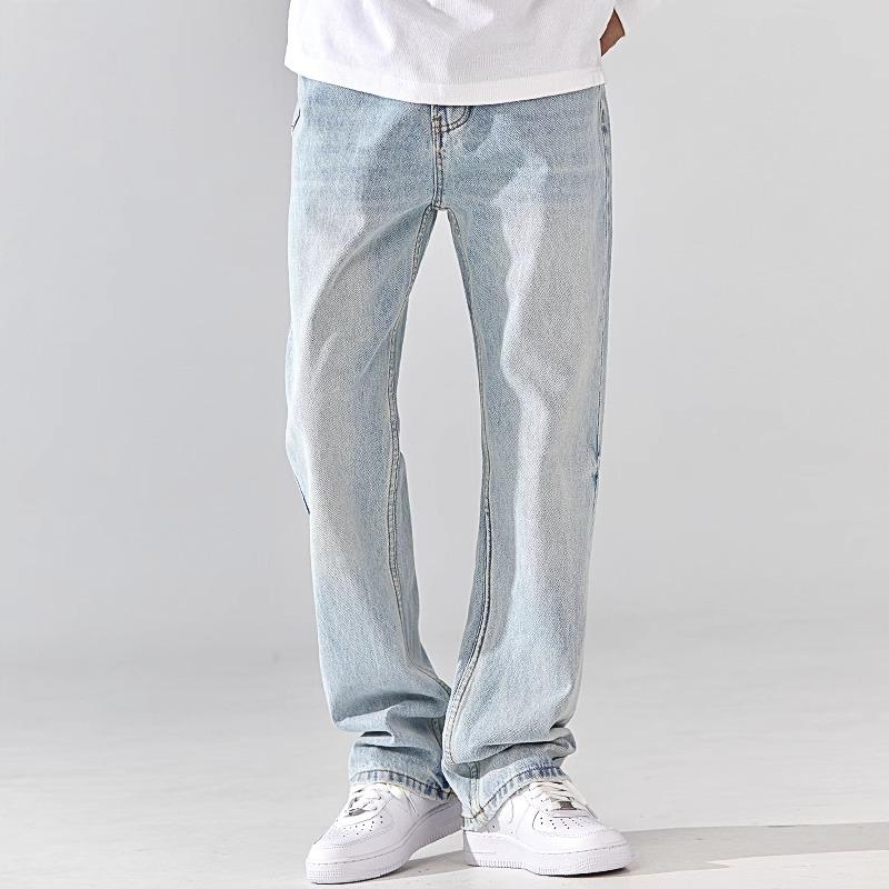 Light blue washed jeans for men, loose straight-leg pants