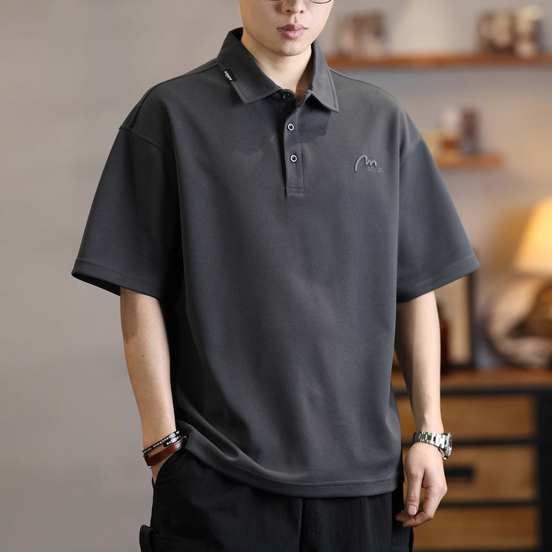 Short-sleeved polo shirt for men in summer, loose lapel half-sleeved t-shirt, American trendy brand embroidered polo shirt T
