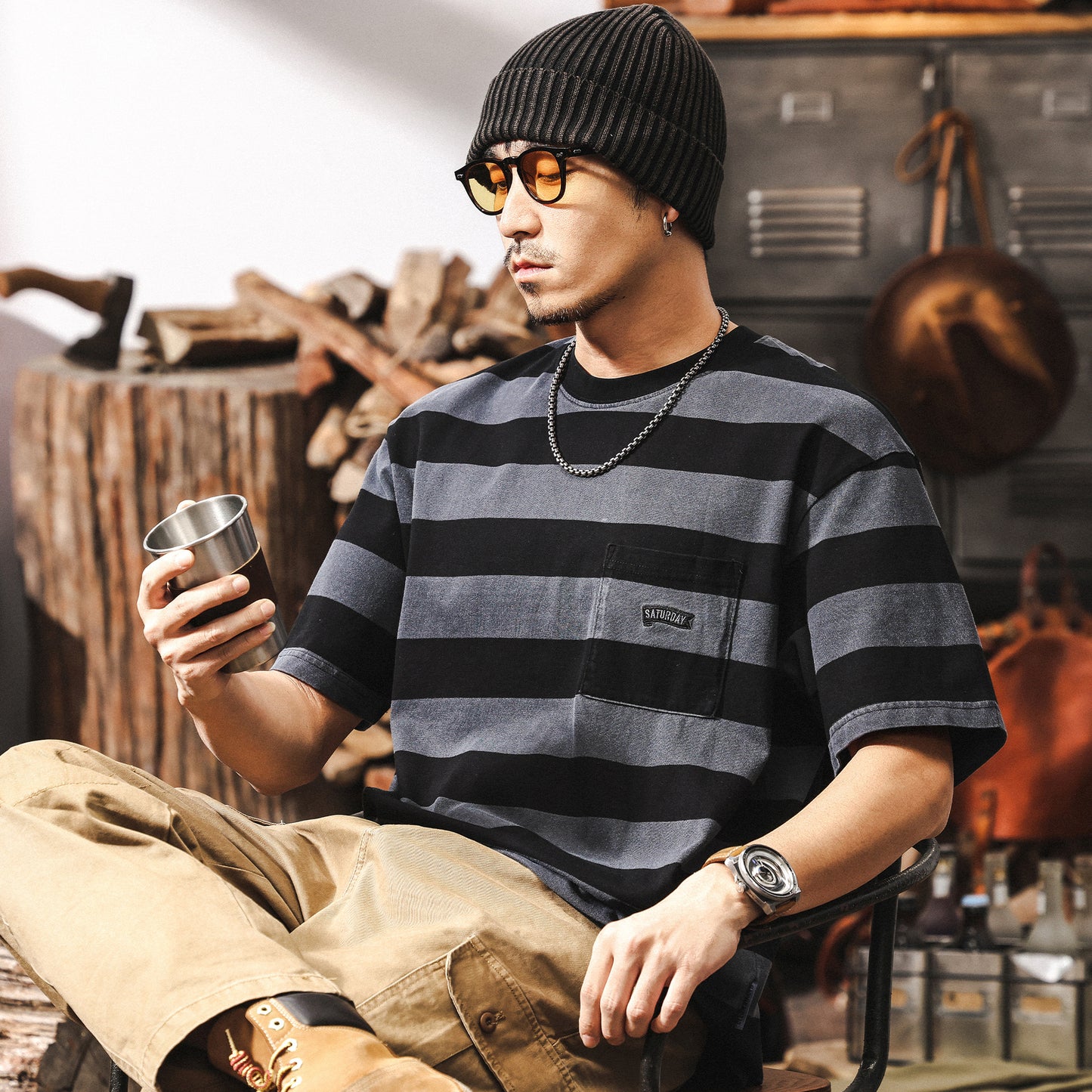 32-count double yarn distressed sand-washed striped short-sleeved men's T-shirt
