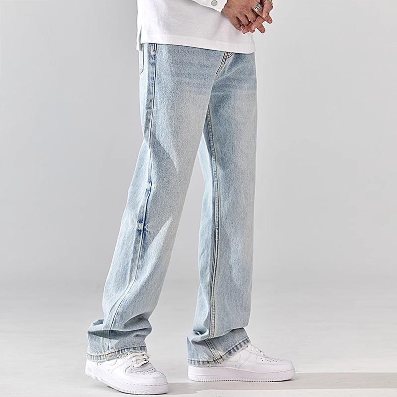 Light blue washed jeans for men, loose straight-leg pants