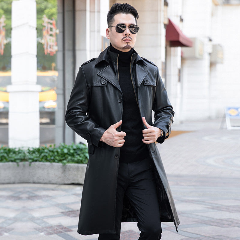 2024 Autumn and Winter Genuine Leather Jacket Men's High-end Long Over-Knee Sheepskin Coat Large Size Medium-Length Leather Windbreaker Plus Velvet