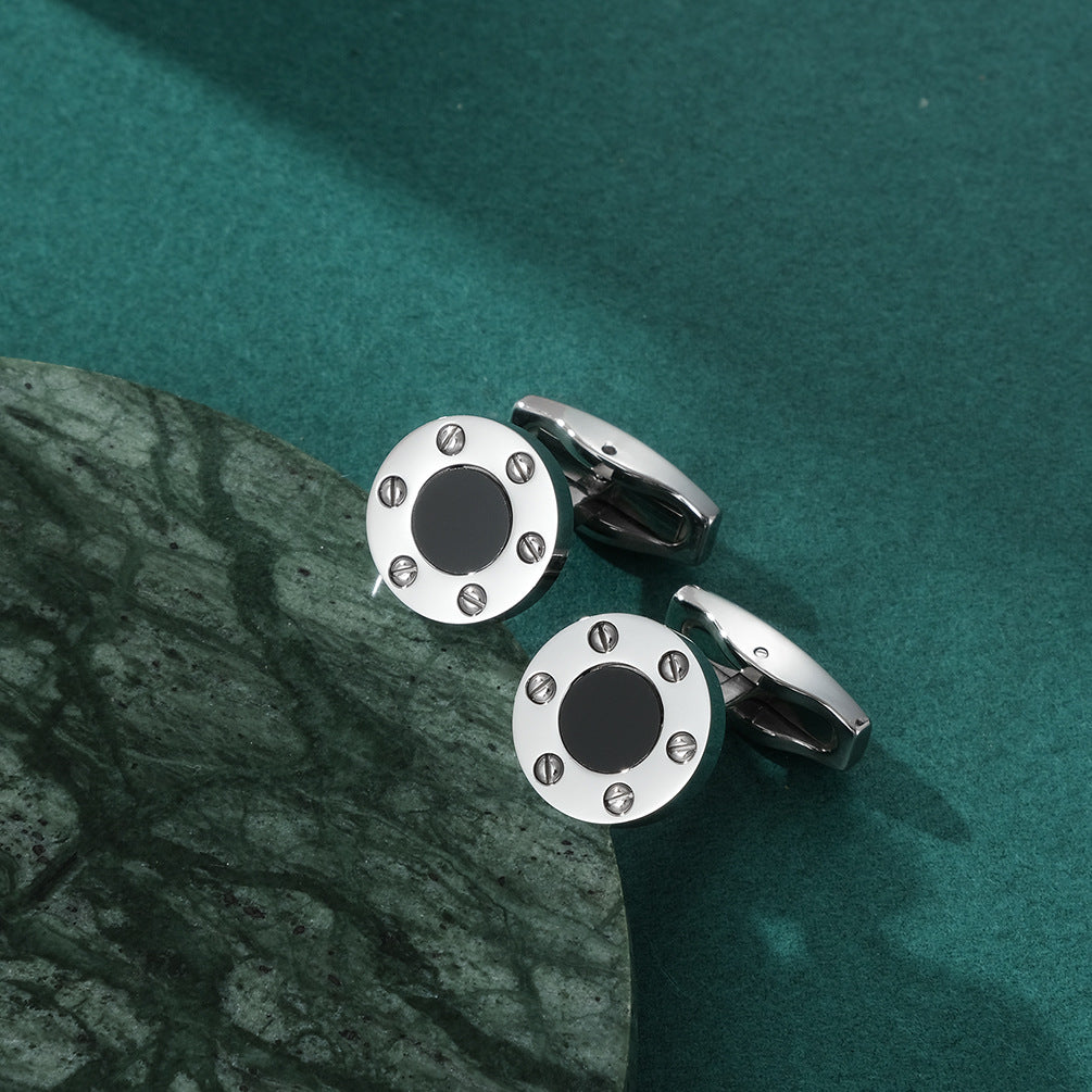 Retro screw cufflinks creative round agate inlaid titanium steel shirt cufflinks