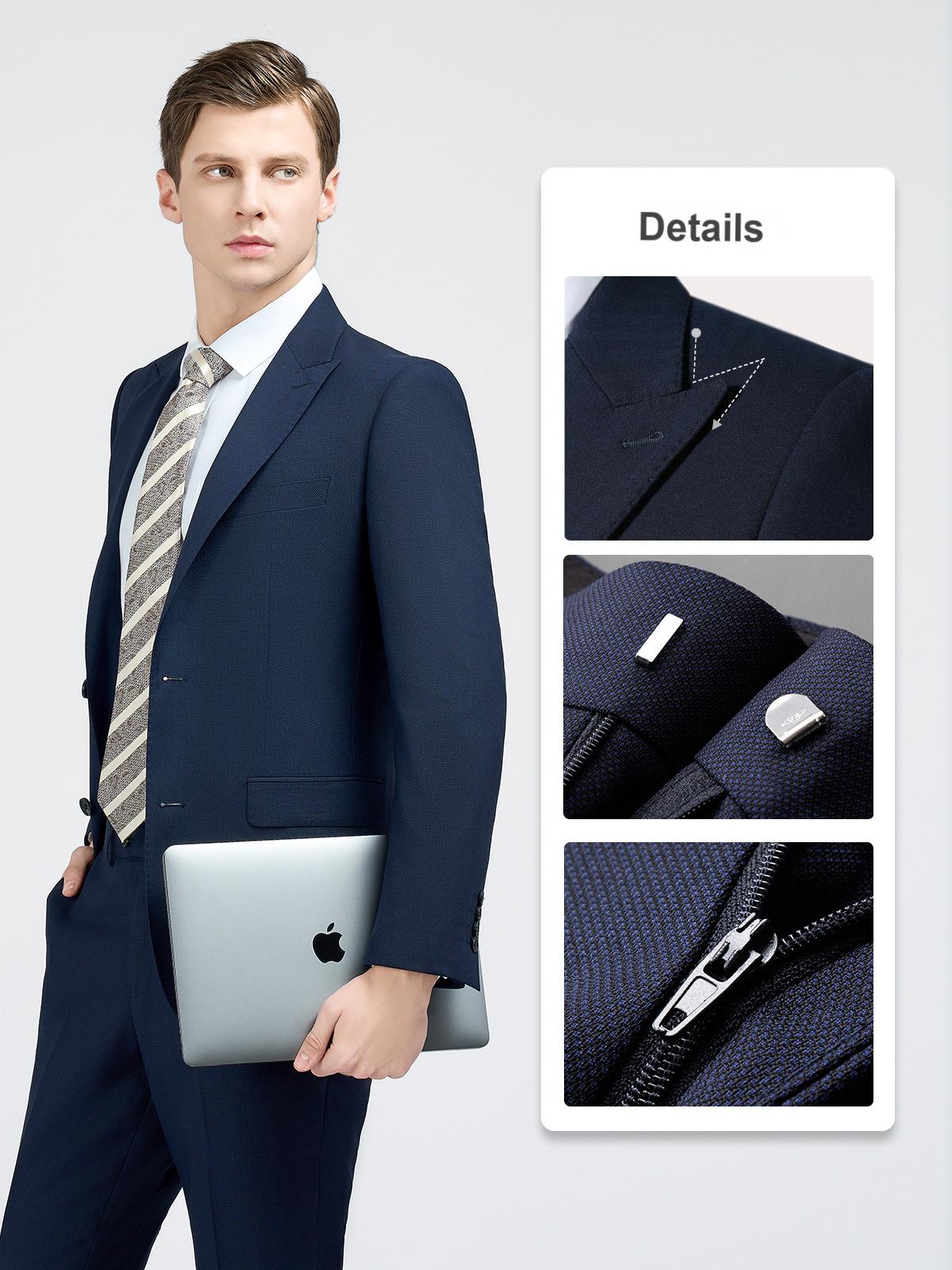 Men's suit set, navy blue houndstooth, bank white-collar work wear, wool new jacket