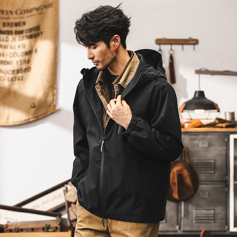 Urban outdoor commuting black jacket, three-proof mountain hiking waterproof jacket for men