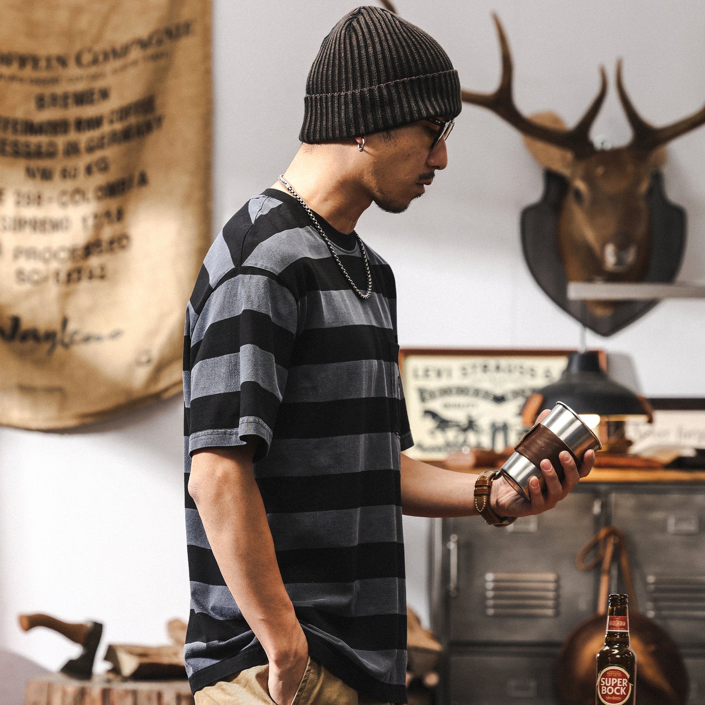 32-count double yarn distressed sand-washed striped short-sleeved men's T-shirt