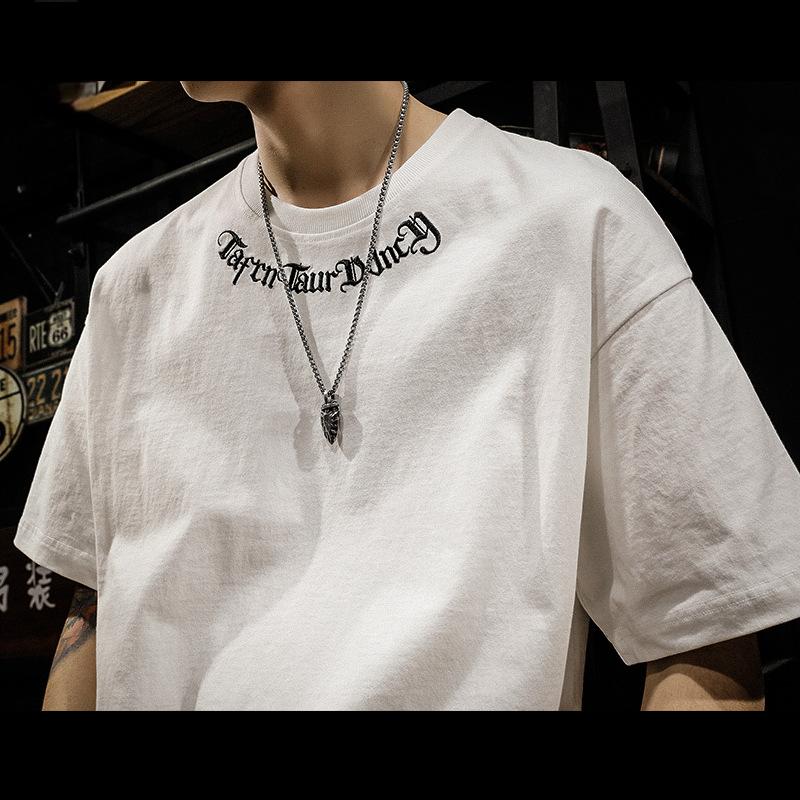 Heavy embroidery short-sleeved T-shirt men's summer trendy brand loose large size plus size half-sleeved top T-shirt trend