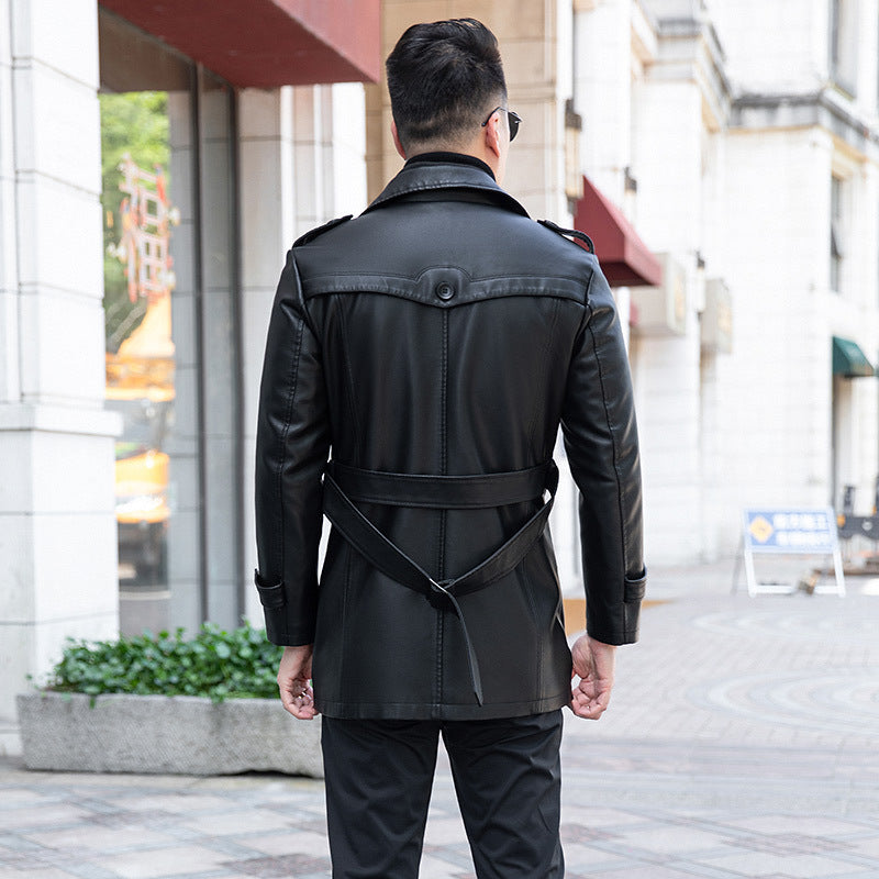 2024 Autumn and Winter Genuine Leather Jacket Men's High-end Long Over-Knee Sheepskin Coat Large Size Medium-Length Leather Windbreaker Plus Velvet