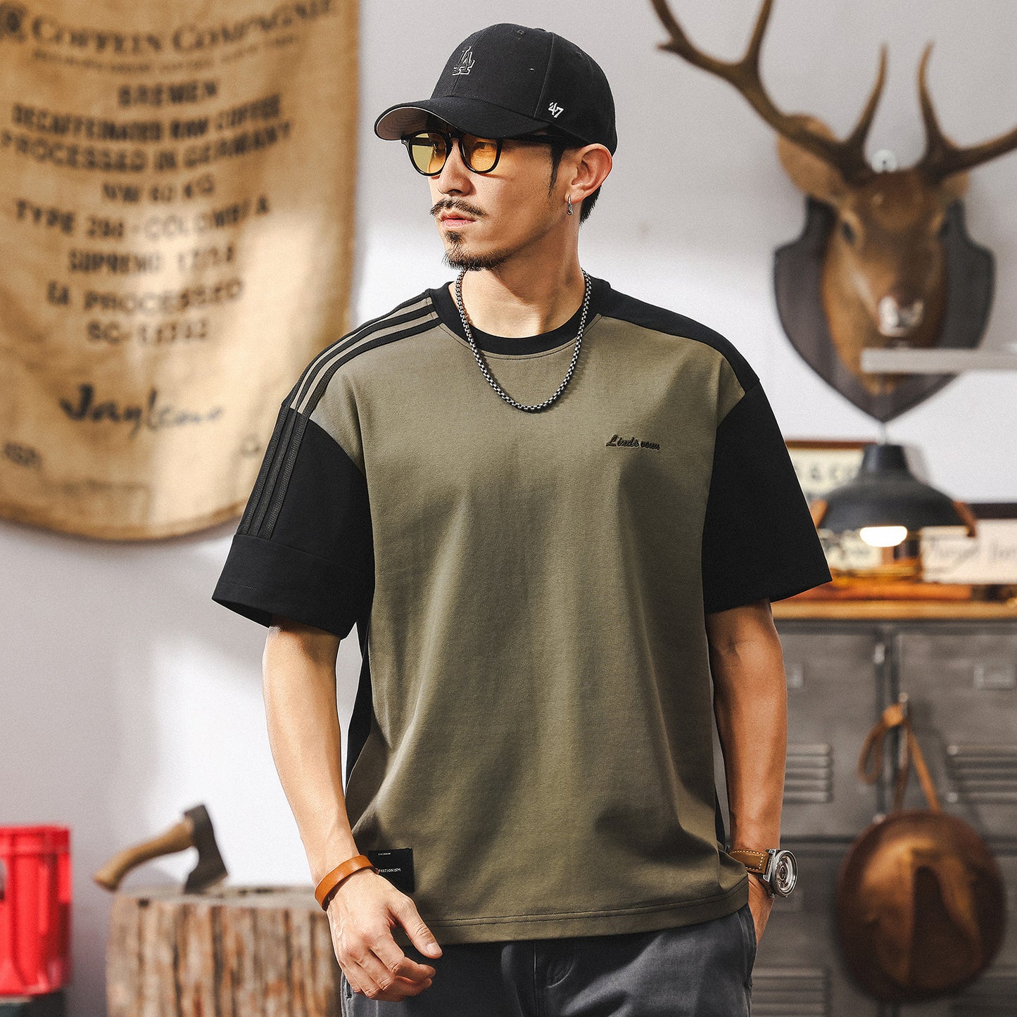 American retro short-sleeved men's summer heavyweight T-shirt men's loose trendy tops men