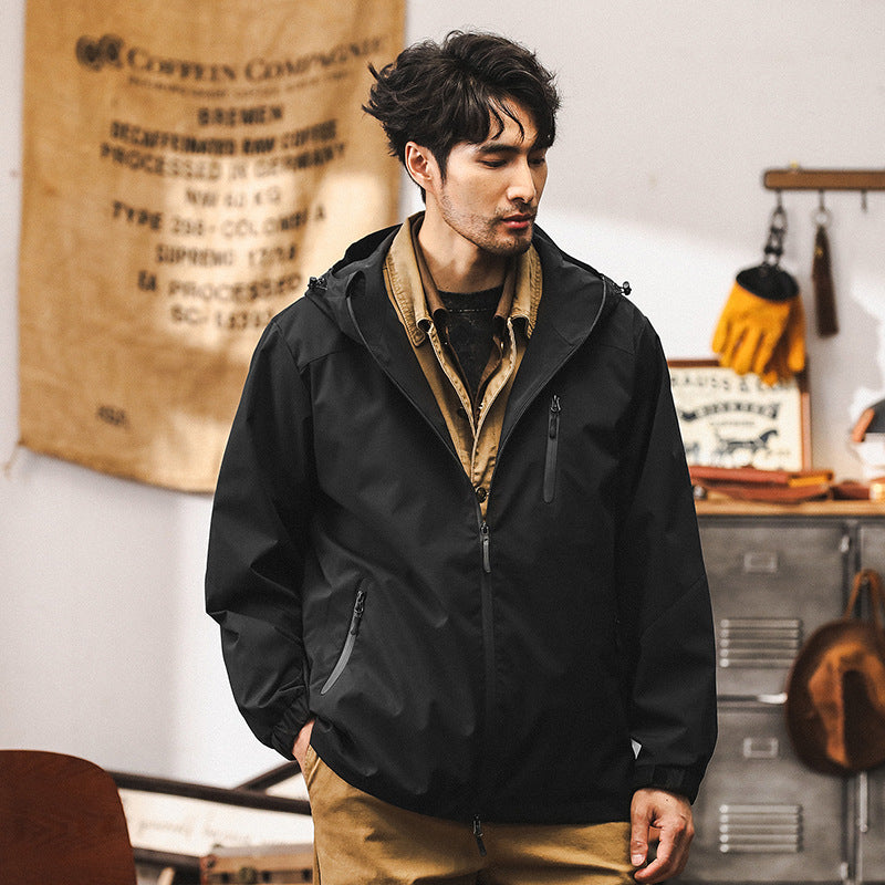 Urban outdoor commuting black jacket, three-proof mountain hiking waterproof jacket for men