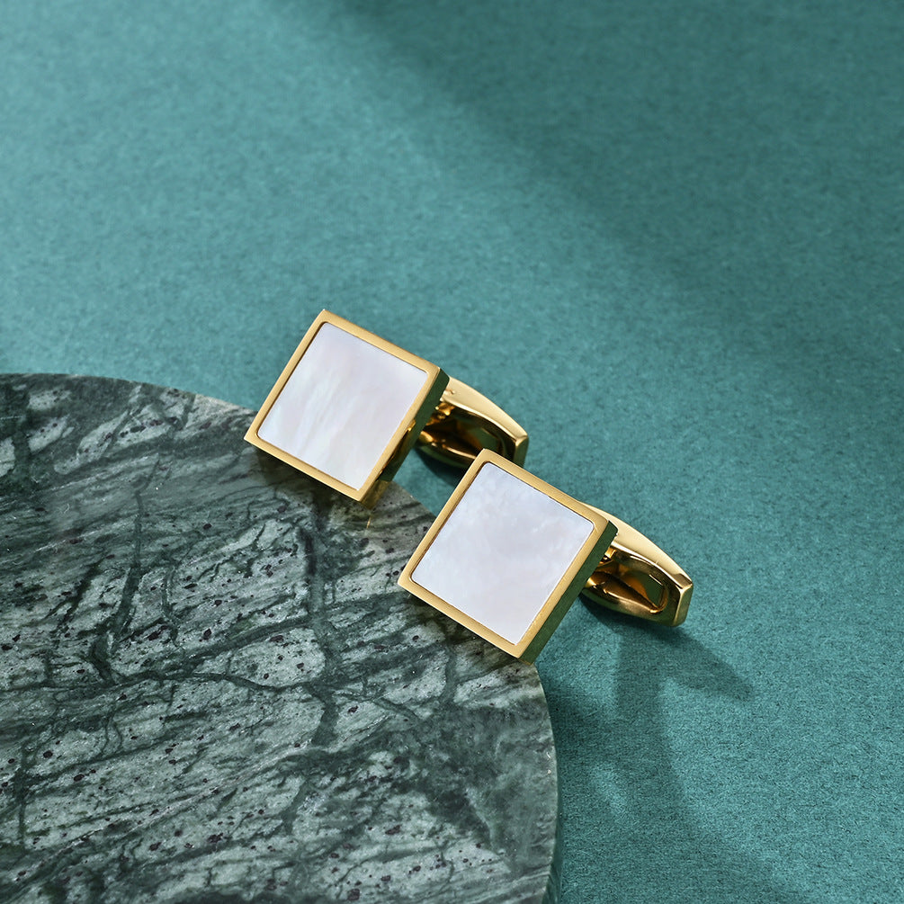 Men's simple square cufflinks with white shells, cuff nails, French business suit shirt buttons