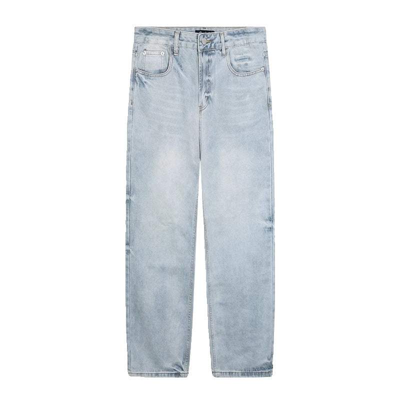 Light blue washed jeans for men, loose straight-leg pants