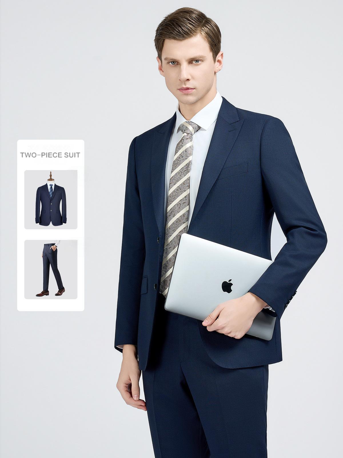 Men's suit set, navy blue houndstooth, bank white-collar work wear, wool new jacket