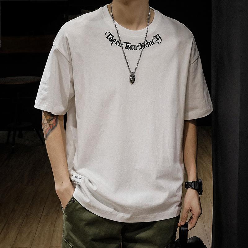 Heavy embroidery short-sleeved T-shirt men's summer trendy brand loose large size plus size half-sleeved top T-shirt trend