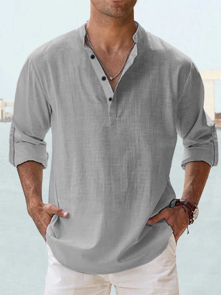 Men's linen stand collar long-sleeved T-shirt loose sweatshirt solid color long-sleeved cotton and linen shirt