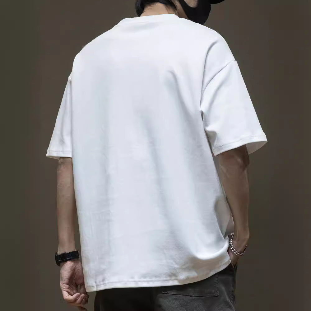 Half-sleeved 300g tops for men, plus-size summer Japanese-style all-match white men's T-shirt
