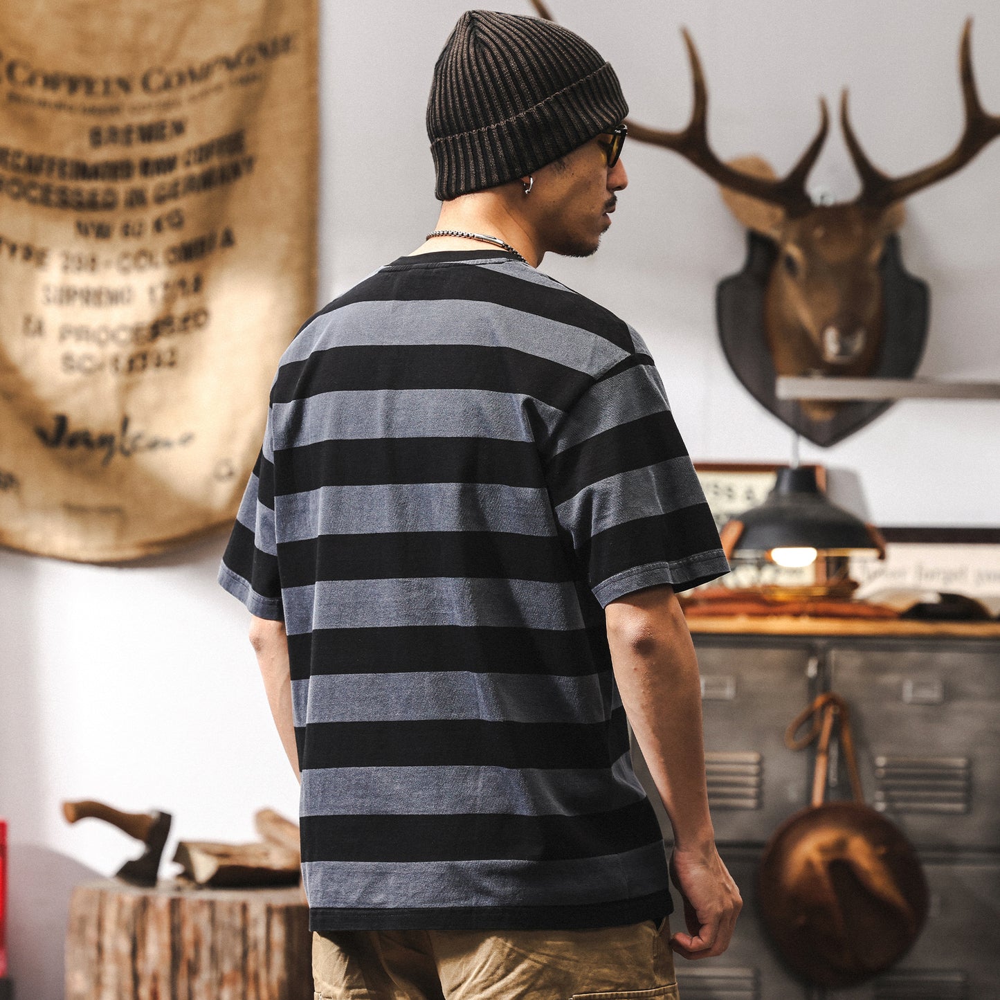 32-count double yarn distressed sand-washed striped short-sleeved men's T-shirt