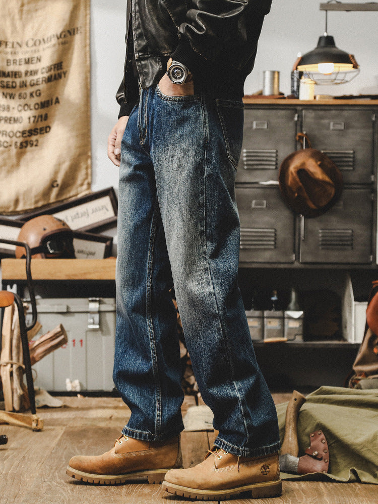 American classic retro jeans for men, straight-leg, loose autumn trendy brand, nano-washed, versatile casual pants for men