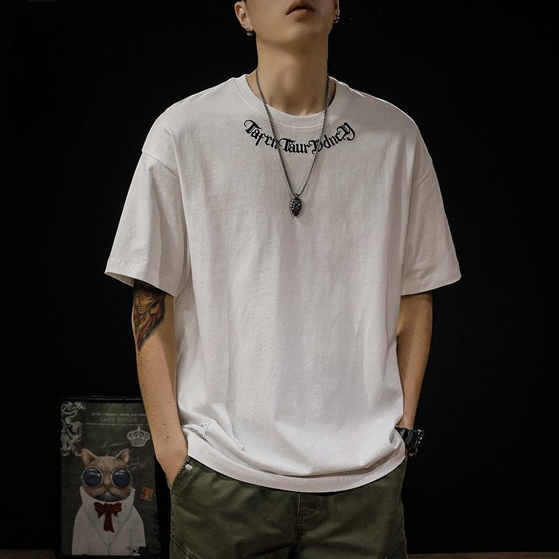 Heavy embroidery short-sleeved T-shirt men's summer trendy brand loose large size plus size half-sleeved top T-shirt trend