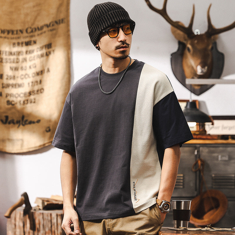 Men's American retro 2025 new trendy color-blocking short-sleeved men's summer loose men's top T