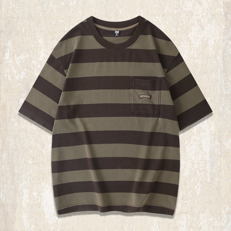 32-count double yarn distressed sand-washed striped short-sleeved men's T-shirt