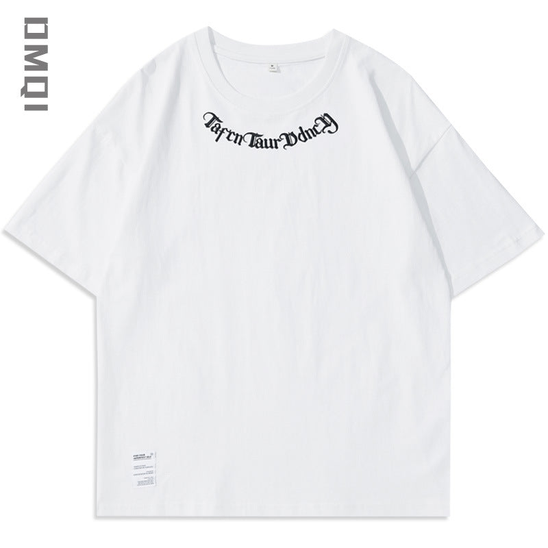 Heavy embroidery short-sleeved T-shirt men's summer trendy brand loose large size plus size half-sleeved top T-shirt trend