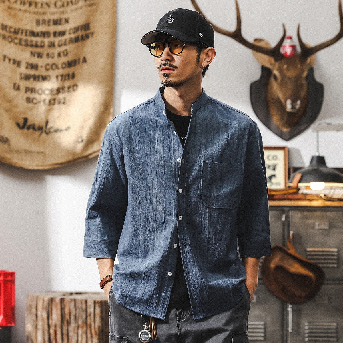 Cotton and linen three-quarter sleeve shirt men's 2025 new short-sleeved men's summer thin stand-up collar trendy shirt