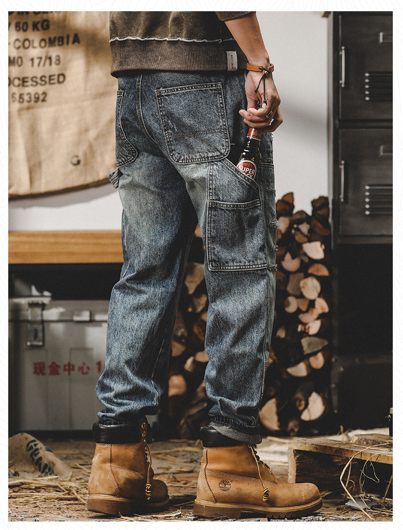 American heavyweight retro work pants men's loose straight men's jeans trendy brand ripped men's casual men's pants