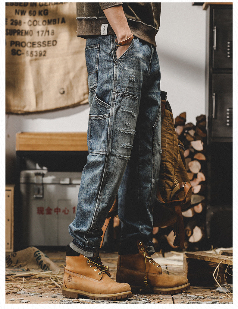 American heavyweight retro work pants men's loose straight men's jeans trendy brand ripped men's casual men's pants