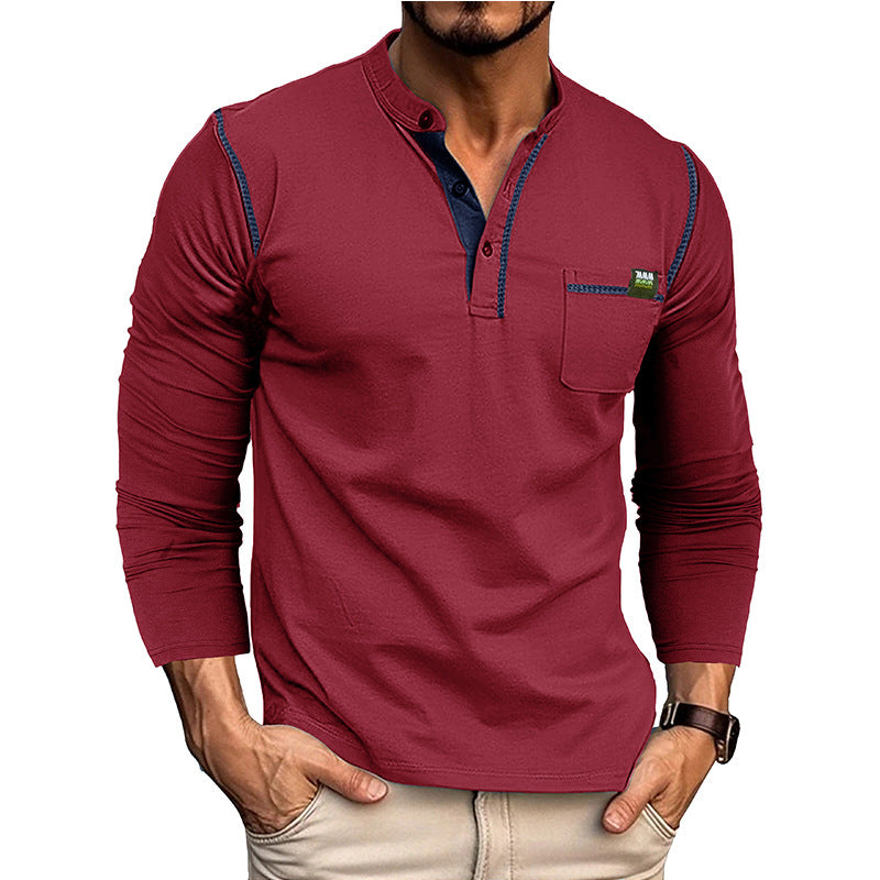 Men's long-sleeved t-shirts, men's henley shirts, Amazon color-blocked t-shirt tops
