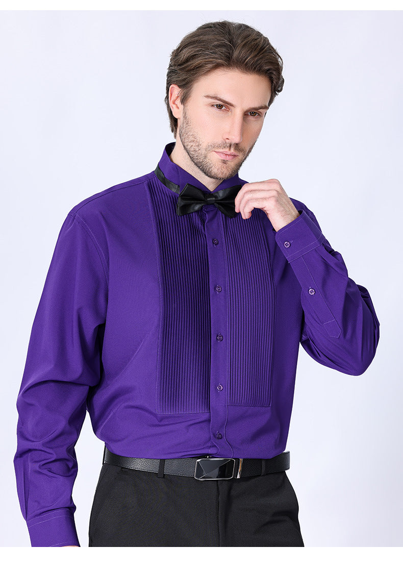 French high-end shirt banquet host dress solid color inch shirt with bow tie