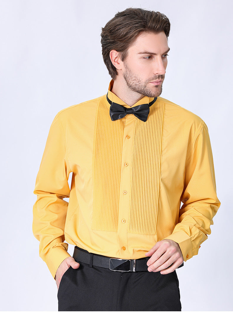 French high-end shirt banquet host dress solid color inch shirt with bow tie