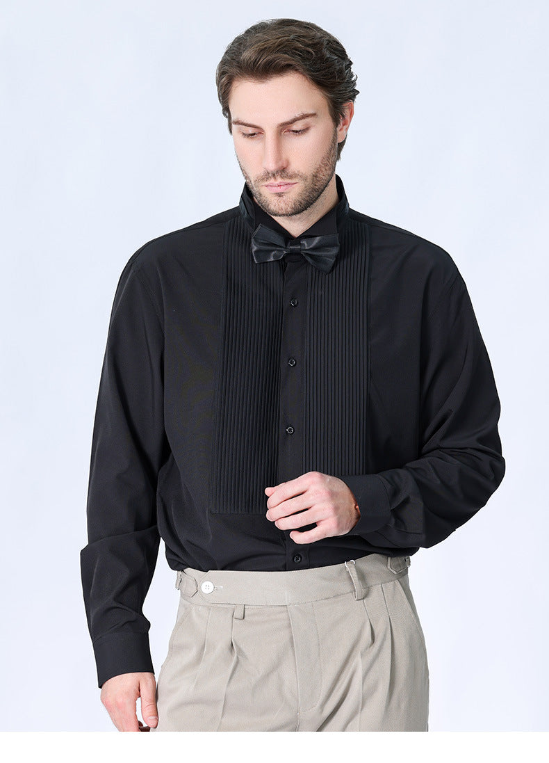 French high-end shirt banquet host dress solid color inch shirt with bow tie