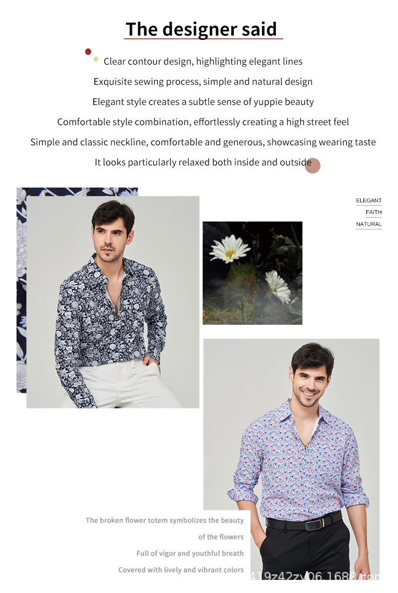Printed inch shirt men's loose business American shirt top floral shirt