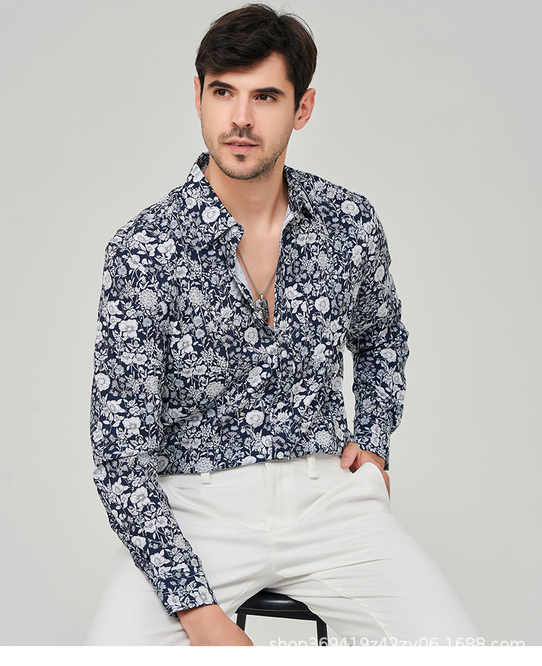 Printed inch shirt men's loose business American shirt top floral shirt