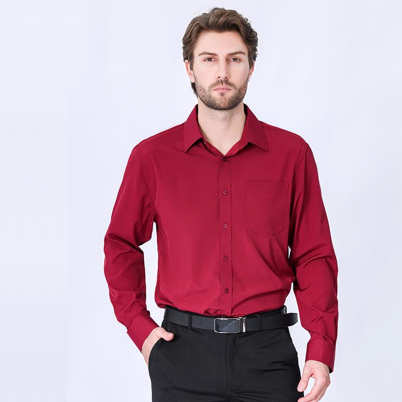 Men's long-sleeved high-end iron-free casual solid color stretch shirt