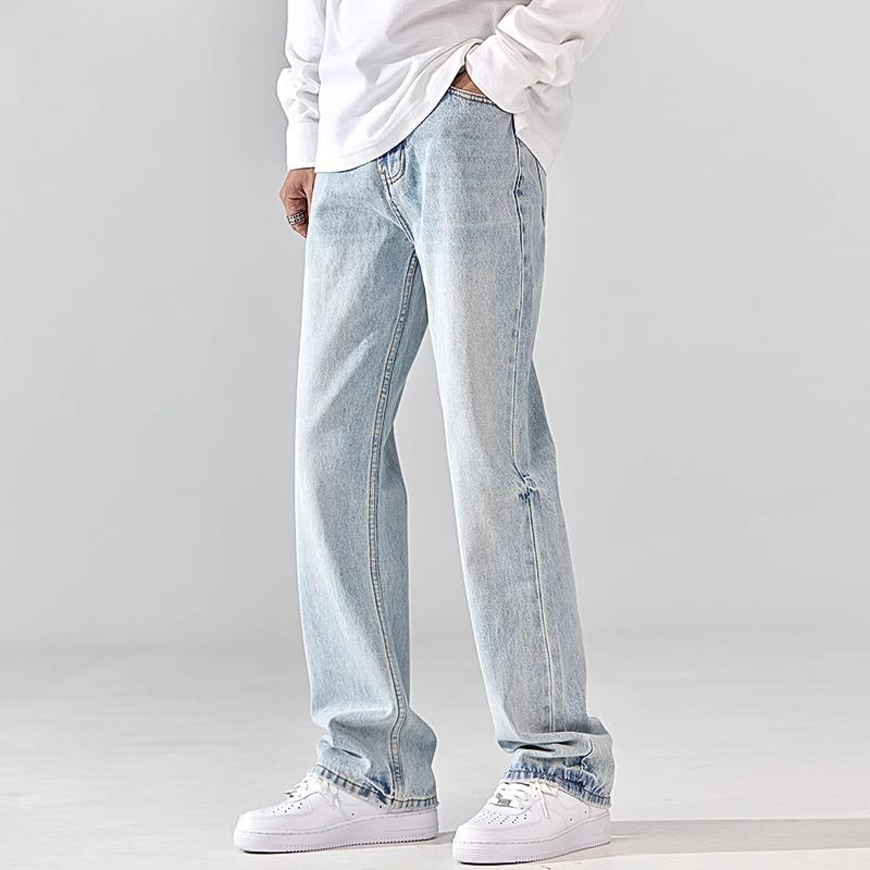Light blue washed jeans for men, loose straight-leg pants