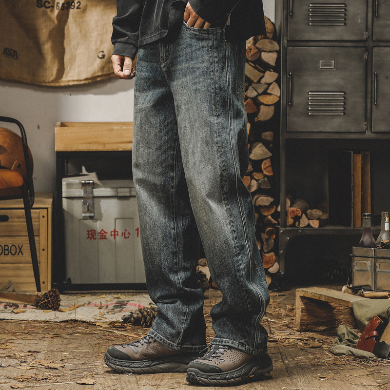 Retro straight jeans for men, new autumn styles, old washed, trendy casual pants