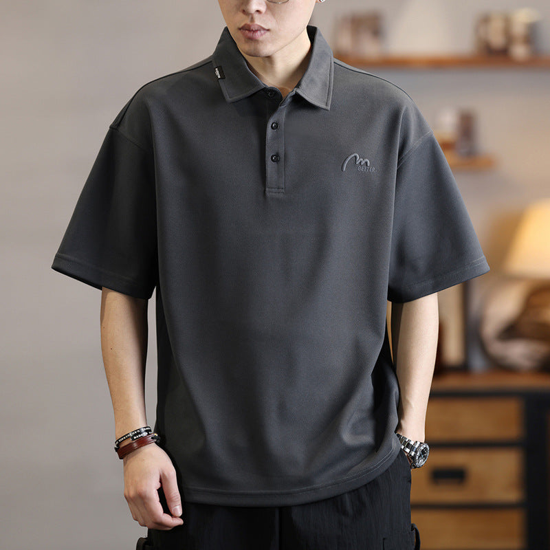 Short-sleeved polo shirt for men in summer, loose lapel half-sleeved t-shirt, American trendy brand embroidered polo shirt T