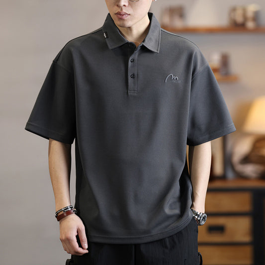 Short-sleeved polo shirt for men in summer, loose lapel half-sleeved t-shirt, American trendy brand embroidered polo shirt T