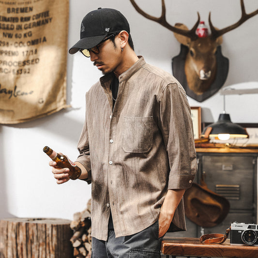 Cotton and linen three-quarter sleeve shirt men's 2025 new short-sleeved men's summer thin stand-up collar trendy shirt