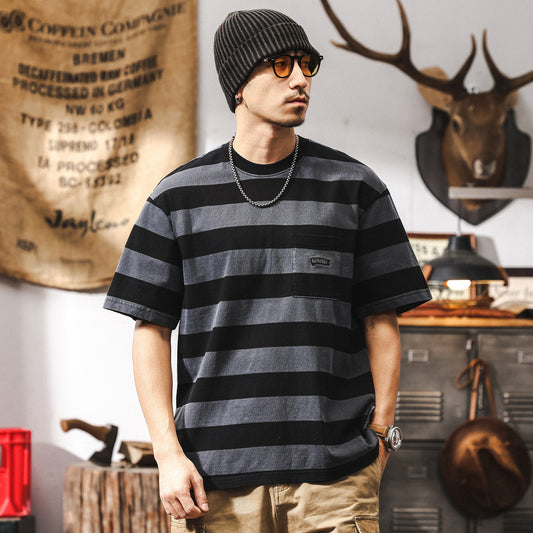 32-count double yarn distressed sand-washed striped short-sleeved men's T-shirt