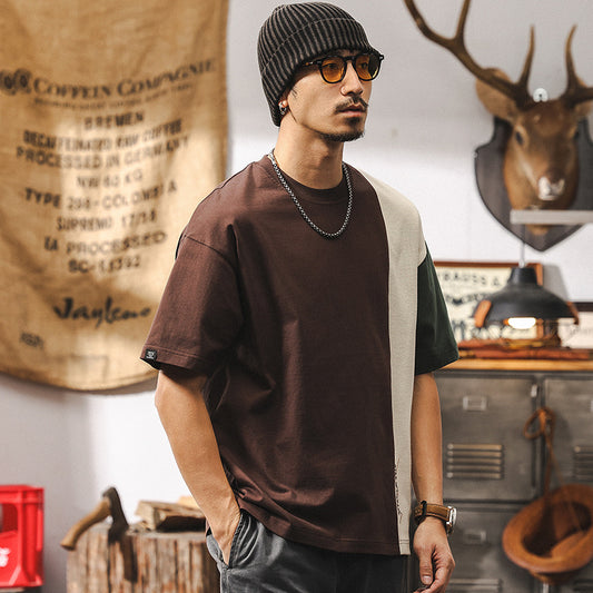 Men's American retro 2025 new trendy color-blocking short-sleeved men's summer loose men's top T