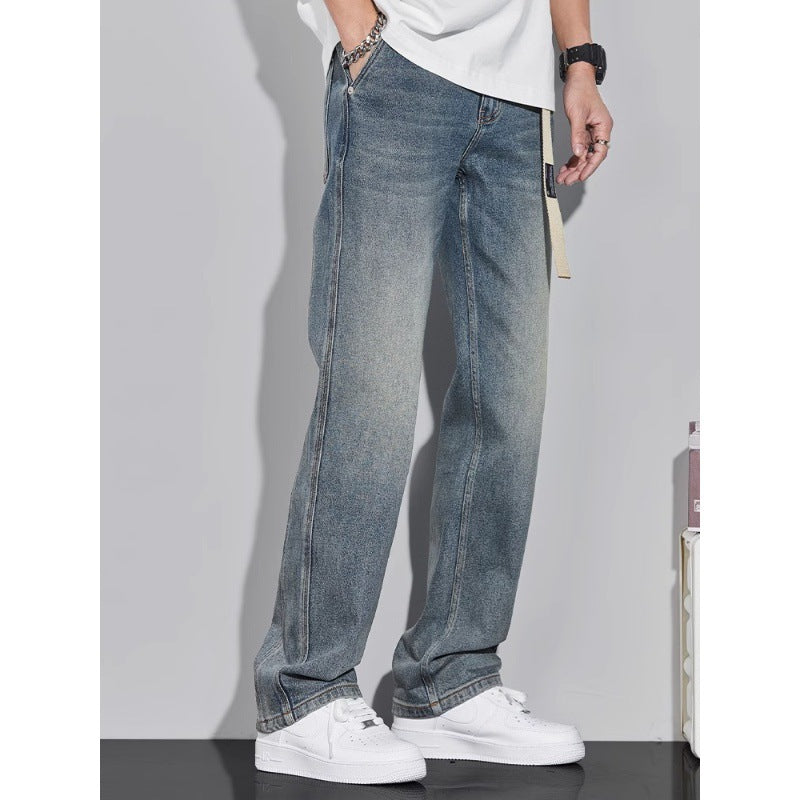 Spring retro jeans men's loose straight trendy men's pants high street wide-leg pants