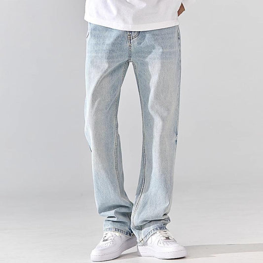 Light blue washed jeans for men, loose straight-leg pants