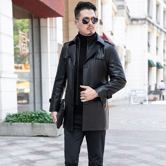 2024 Autumn and Winter Genuine Leather Jacket Men's High-end Long Over-Knee Sheepskin Coat Large Size Medium-Length Leather Windbreaker Plus Velvet