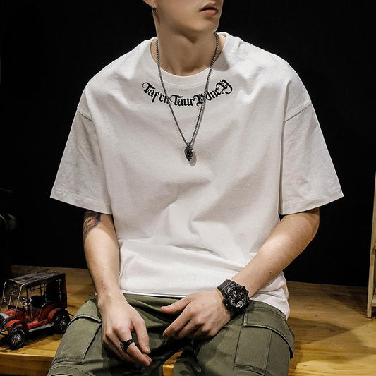 Heavy embroidery short-sleeved T-shirt men's summer trendy brand loose large size plus size half-sleeved top T-shirt trend