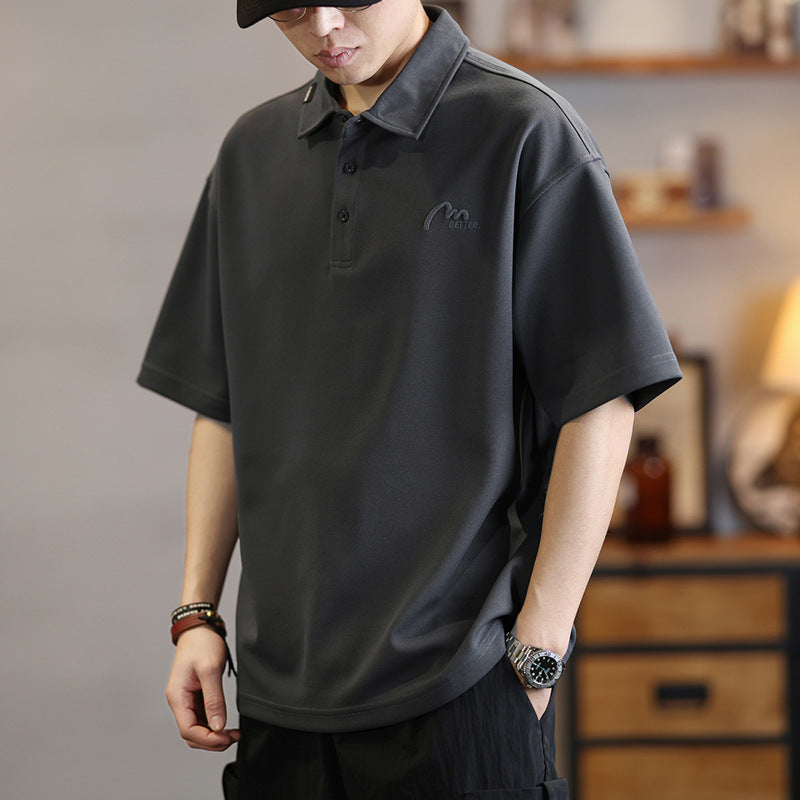 Short-sleeved polo shirt for men in summer, loose lapel half-sleeved t-shirt, American trendy brand embroidered polo shirt T